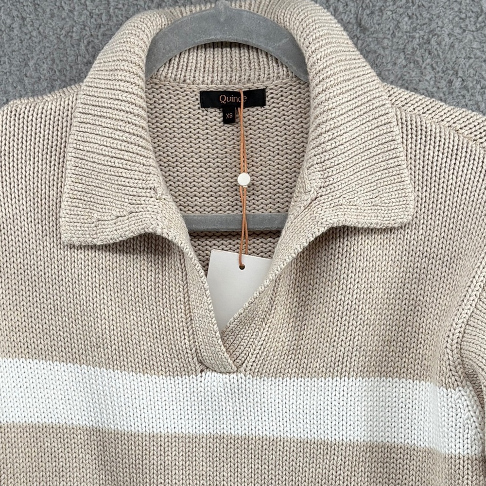 Quince Cream and White Striped V-Neck Sweater - Picture 8 of 15